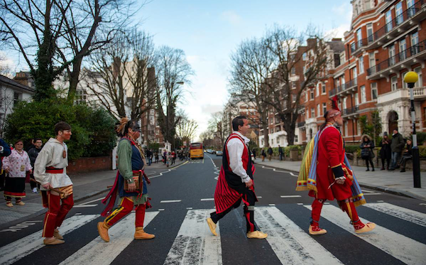 Warriors of AniKituhwa recreating the Abbey Road EP cover, 2019